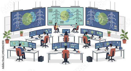 Control Room Operators Monitoring Complex Systems on Multiple Screens.