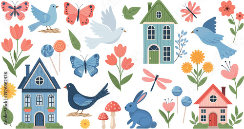 Spring Garden Collection with Cute Houses, Birds, Butterflies, Flowers and Bunny Flat Vector Illustration Set