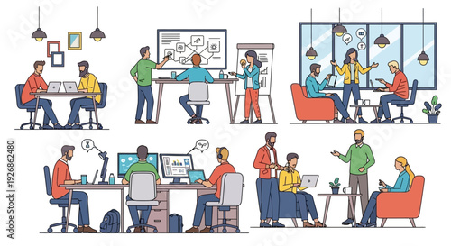 Diverse Business Professionals Collaborating and Working in Modern Office Environments.