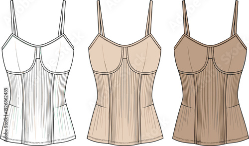 Women corset top front view set in white beige and brown colors, fitted bustier lingerie apparel fashion illustration