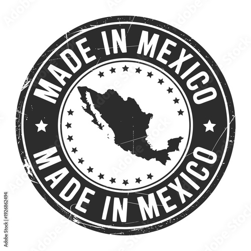 A circular black and white stamp displaying made in mexico and its map