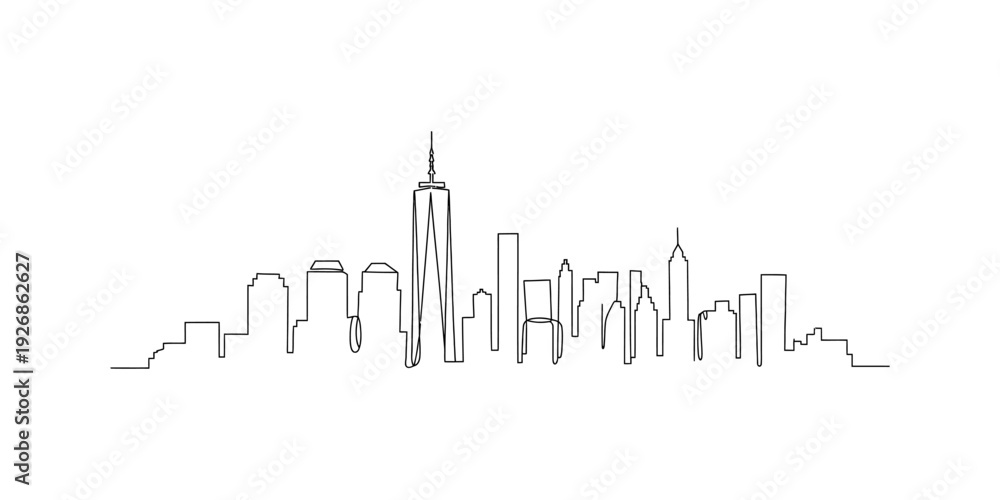 Fototapeta premium A minimalist black and white continuous line art illustration of an urban city skyline silhouette Vector, illustration