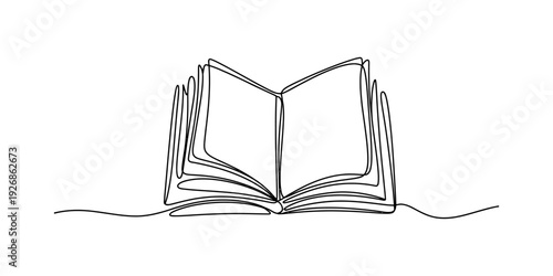 Continuous line drawing of an open book with pages spread out on a white background Vector, illustration