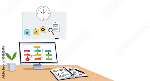 Desk with computer displaying flowchart and whiteboard with icons.