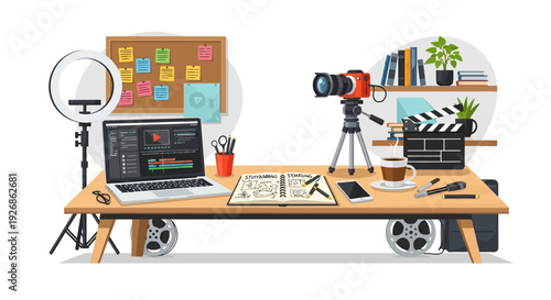 Creative content creation desk setup for vlogging and filmmaking.