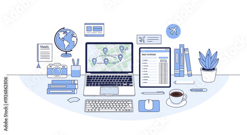 Desk with laptop tablet and office supplies illustration.