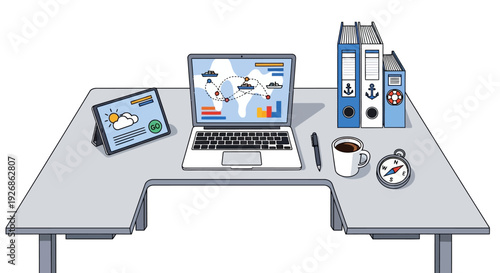 Desk with laptop tablet coffee and binders.