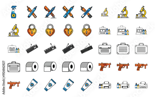 Collection of various security and travel icons including locks guns money and travel symbols