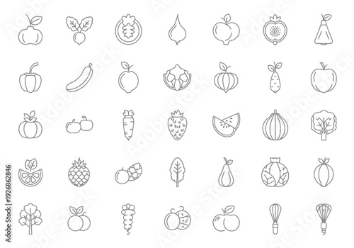 Collection Of Fresh Produce Icons Representing Healthy Food Choices For A Balanced Diet And Organic Nutrition Concepts In Outline Style