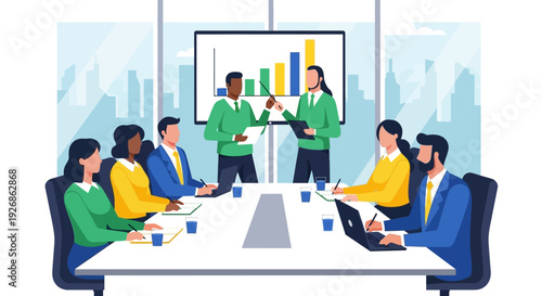 Diverse business team collaborates in modern boardroom meeting.