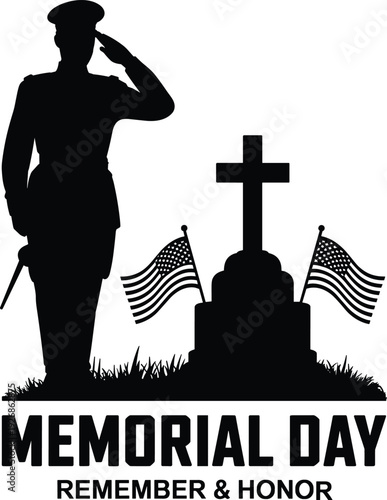 Memorial day silhouette with saluting soldier and military grave with american flags remember and honor fallen heroes patriotic tribute illustration, 20 words.