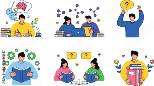 Students Learning and Studying Concept Collection with Books, Questions and Online Education Flat Vector Illustration Set