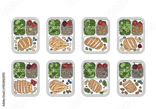 Healthy Meal Prep Containers With Chicken Broccoli Quinoa Berries And Nuts For Balanced Nutrition And Diet Planning