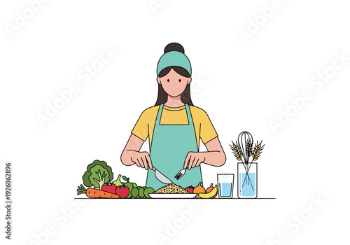 Woman chopping fresh produce on kitchen counter making healthy meal preparation for nutritious dietary choices