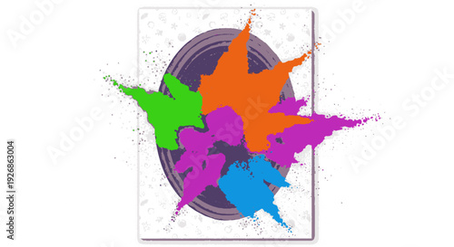 Colorful paint splatters on a gray speaker creative expression and music concept