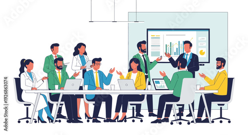 Diverse business team collaborating in a modern office meeting.