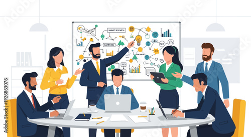 Diverse business team collaborating in a modern office meeting.