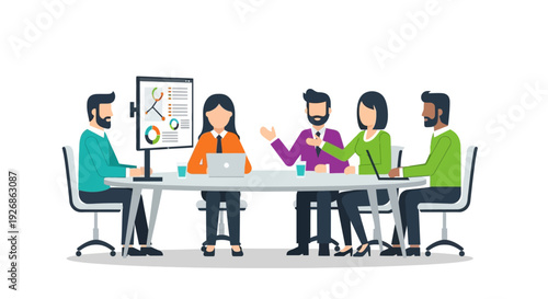 Diverse business team collaborating in a modern office meeting.