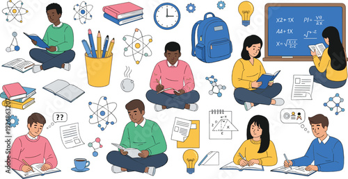 Students Studying and Learning Set with Books Notes Blackboard and Science Elements Vector Illustration