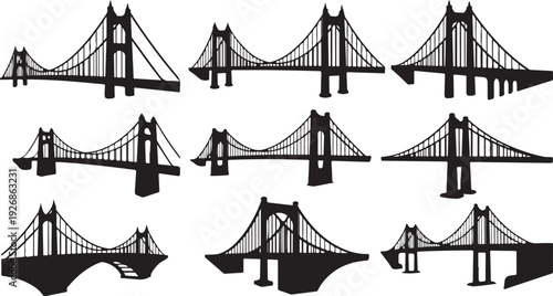 Collection of various suspension bridge silhouettes in black color