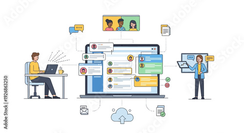 Digital Collaboration and Remote Work Technology Illustration.