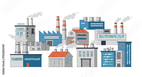 Industrial complex illustration featuring various factory buildings with smoke stacks and chimneys.