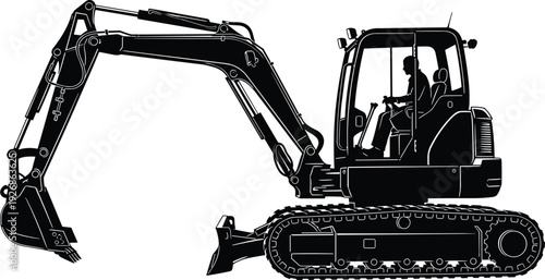 Tracked Excavator with Operator Cabin Heavy Construction Machinery Silhouette Vector Illustration Isolated