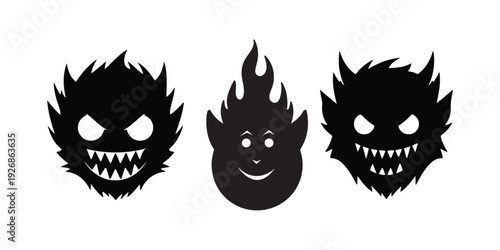 Trio of mini devils goblins vector silhouette cartoon illustration with mischievous fantasy character design.