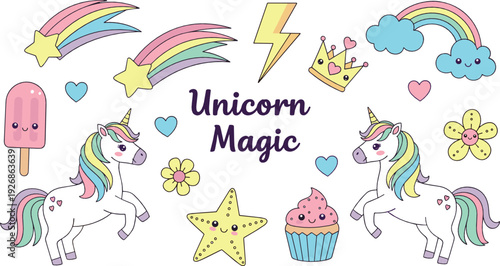 Unicorn Magic Collection with Rainbows, Stars, Cupcake and Cute Fantasy Elements Flat Vector Illustration Set