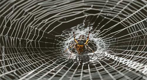 Spider on Web with Detailed Cobweb Structure Dark Background Vector Illustration