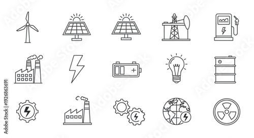 Collection of energy sources and power generation icons in a line art style.