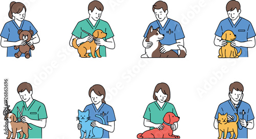 Veterinarians Caring for Pets Collection with Dogs and Cats Animal Clinic Flat Vector Illustration Set