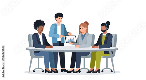 Diverse business team collaborating around a table with a tablet.