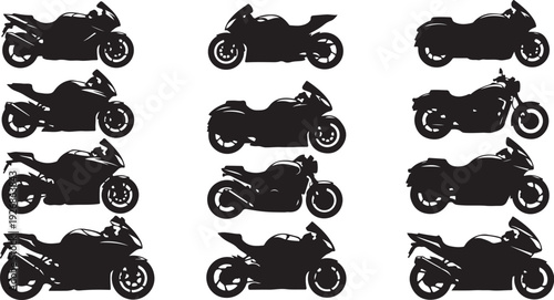 Collection of various motorcycle silhouettes in black and white