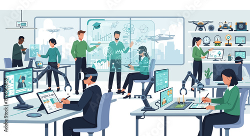 Diverse group of people engaged in advanced technology learning and innovation.