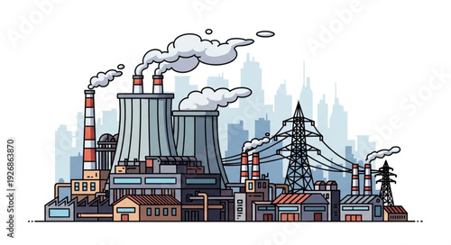 Industrial complex emitting pollution into the atmosphere, causing environmental damage.