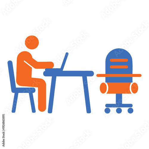 Businessman sitting at desk with laptop and empty chair opposite  office meeting concept icon