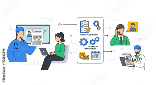 Digital Healthcare Workflow Illustration with Medical Professionals and Technology.