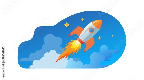 Futuristic rocket launching with bright orange flames and sparks against blue .vector icon