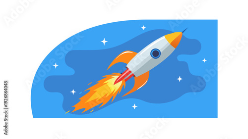 Futuristic rocket launching with bright orange flames and sparks against blue .vector icon