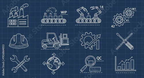 Industrial blueprint icons representing manufacturing, engineering, and quality control processes.
