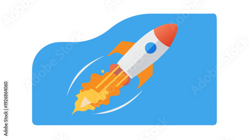 Futuristic rocket launching with bright orange flames and sparks against blue .vector icon