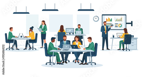 Diverse group of professionals collaborating in a modern office setting.