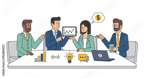 Diverse business team collaborating on a project with financial growth charts.