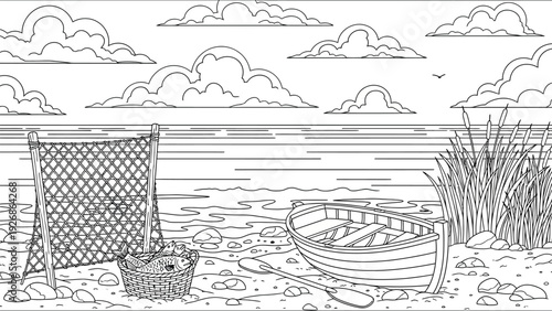 Calm beach scene with a wooden rowboat, fishing net, and basket of fish on a pebbly shore. Reeds and clouds add to the peaceful, serene atmosphere.