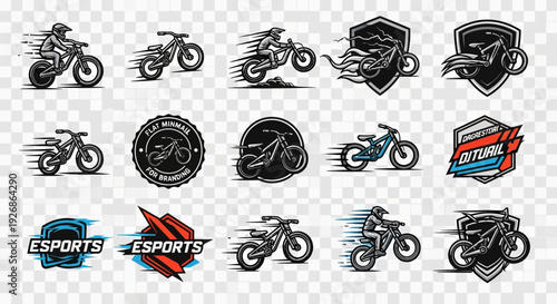Motorcycle logos and emblems in various designs.