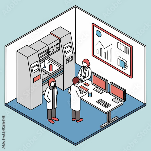 Scientists in a modern laboratory analyzing data on computers and advanced equipment, showcasing research and development in a high-tech setting.
