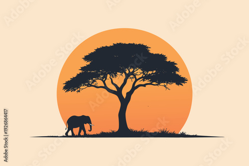 Silhouettes of lion horse and tree at sunset in savanna landscape