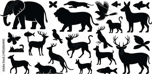 Set of black animal silhouettes including elephant, lion, deer, birds, and fish, isolated vector icons for wildlife and nature design. (20 words)