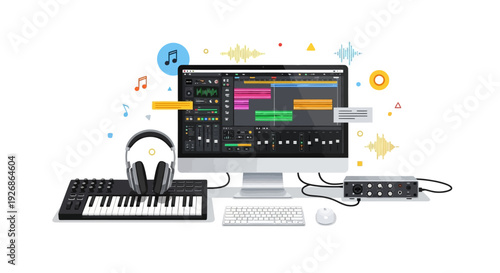 Digital Music Production Setup With Computer And Accessories.